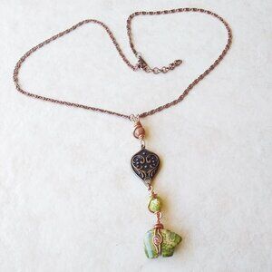 Unique Unakite Jasper Bear "Y" + Copper Necklace! 4 Wire Wrapped Beaded Sections